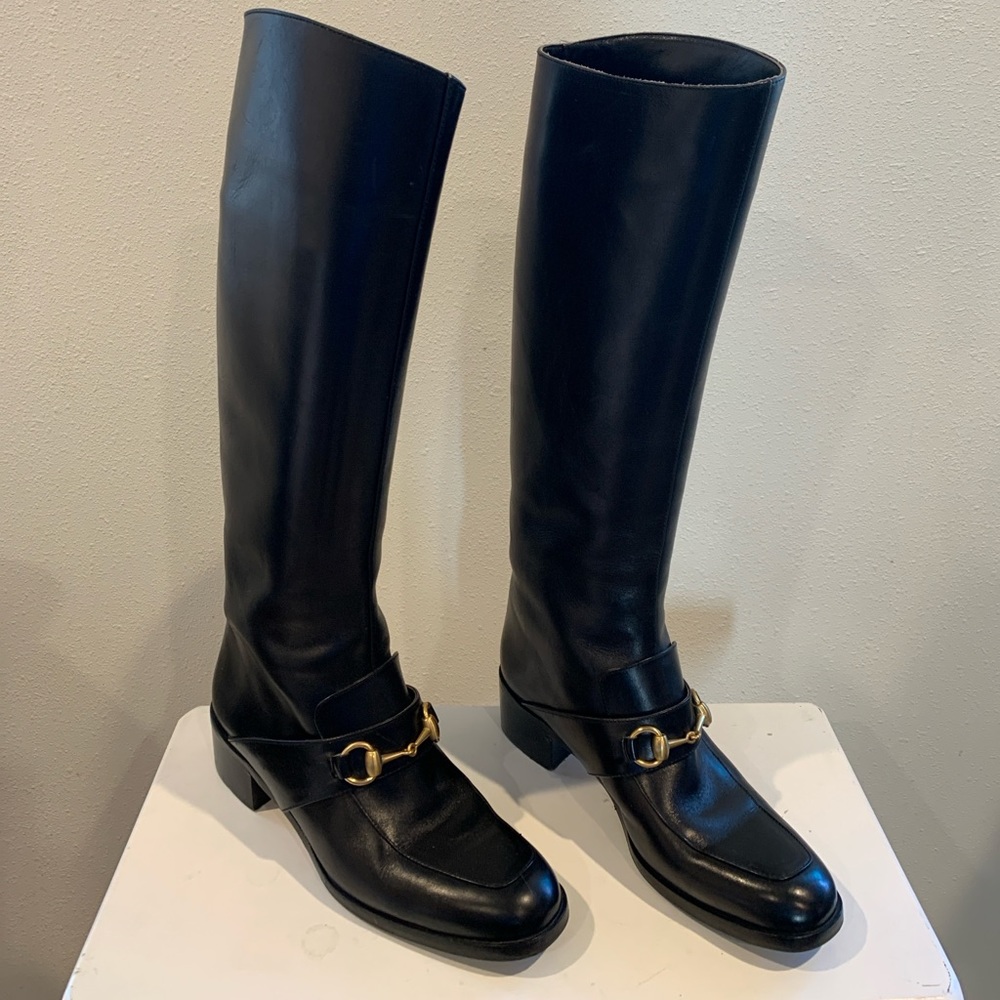 GUCCI Original Vintage Black Leather Riding Boots with Horsebit Detail 6.5